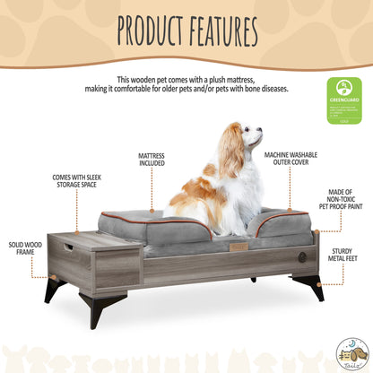 Wyatt Wooden Pet Bed with Mattress | Small to Medium Pet Bed with Mattress | Elevated Pet Bed | Wooden Pet Bed with Storage | Greenguard Gold Certified Wooden Pet Bed