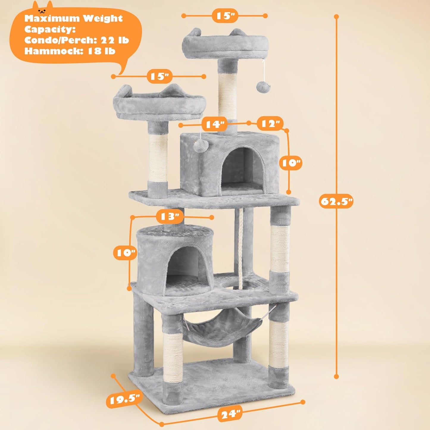 62.2 Inches Cat Tree Cat Towers Cat Condo with Platform & Hammock, Scratching Posts for Kittens Pet Play House with Plush Perch for Indoor Activity Relaxing